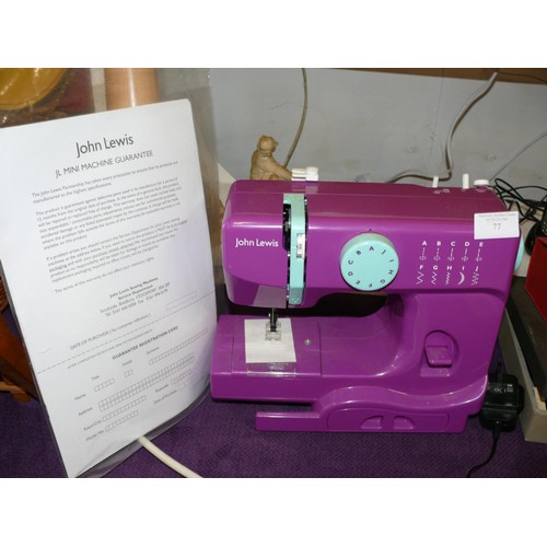 77 - JOHN LEWIS SEWING MACHINE, MINI MODEL, PURPLE, LEAD AND MANUAL