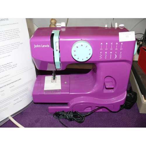 77 - JOHN LEWIS SEWING MACHINE, MINI MODEL, PURPLE, LEAD AND MANUAL