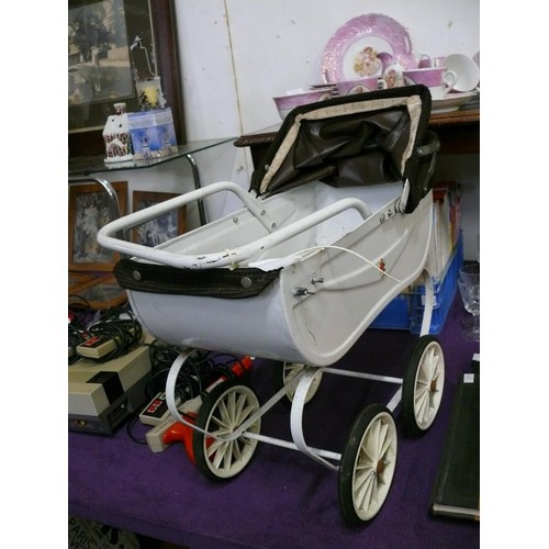 120 - OLD TIN CHILDS DOLL PRAM WITH HOOD AND COVER