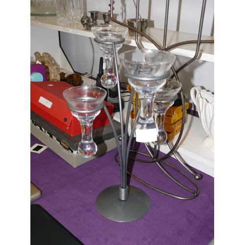 87 - 2 X CANDELABRAS - ONE IS TALL MODERN WITH 5 ARMS THE OTHER 4 ARMS WITH GLASS DROPLET DISHES