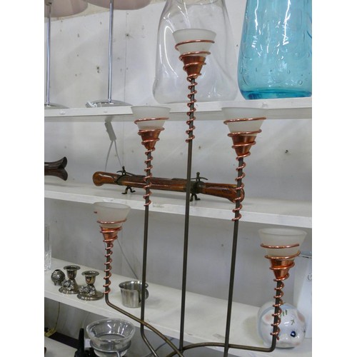 87 - 2 X CANDELABRAS - ONE IS TALL MODERN WITH 5 ARMS THE OTHER 4 ARMS WITH GLASS DROPLET DISHES