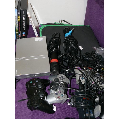 112 - SONY PLAYSTATION 2 AND ACCESSORIES, DANCE MAT, MICROPHONES AND CONTROLLERS