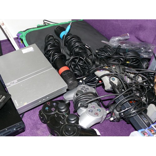 112 - SONY PLAYSTATION 2 AND ACCESSORIES, DANCE MAT, MICROPHONES AND CONTROLLERS