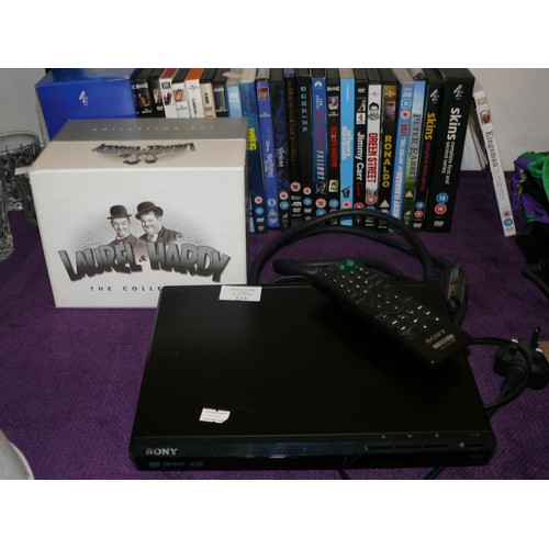 113 - SONY DVD PLAYER WITH REMOTE PLUS A GREAT SELECTION OF DVD'S INCLUDING LAUREL & HARDY BOXSET