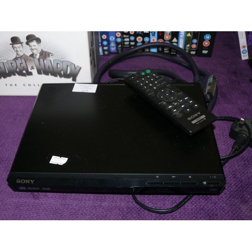 113 - SONY DVD PLAYER WITH REMOTE PLUS A GREAT SELECTION OF DVD'S INCLUDING LAUREL & HARDY BOXSET