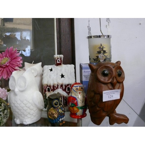 129 - MIXED LOT - 2 LARGE WHITE OWL CANDLES, WOODEN CARVED OWL, CHRISTMAS HOUSE TEALIGHT HOLDER, PAPERWEIG... 