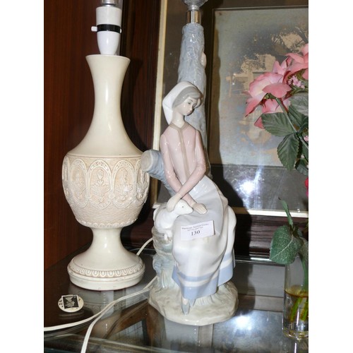 130 - 2 TALL LAMP BASES - ONE IN THE STYLE OF LLADRO THE OTHER CURVED CREAM