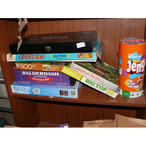 133 - SHELF OF GAMES  AND PUZZLES - JENGA , OPERATION,  BALDERASH ETC