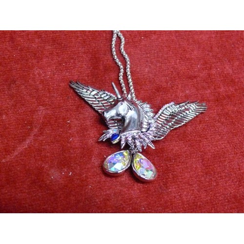 14 - BUTLER AND WILSON UNICORN PENDANT WITH ENAMEL HEART AND DROPLET CRYSTAL DETAIL ON CHAIN