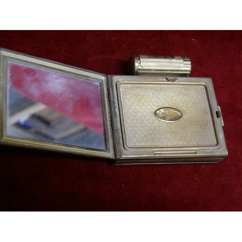 35 - A VINTAGE GOLD PLATED KIGU LADIES HAND BAG SET COMPACT, LIP STICK HOLDER, MIRROR AND CIGARETTE CASE ... 