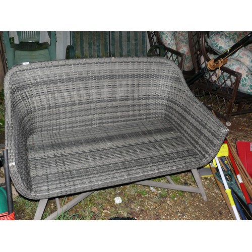 456 - RATAN STYLE 2 SEATER GARDEN SEAT WITH GREY CUSHIONS IN GOOD CONDITION