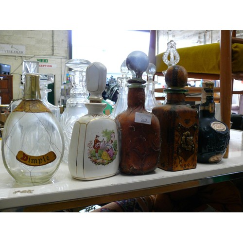 93 - 5 MIXED DECANTERS - LEATHER, CHINA ETC