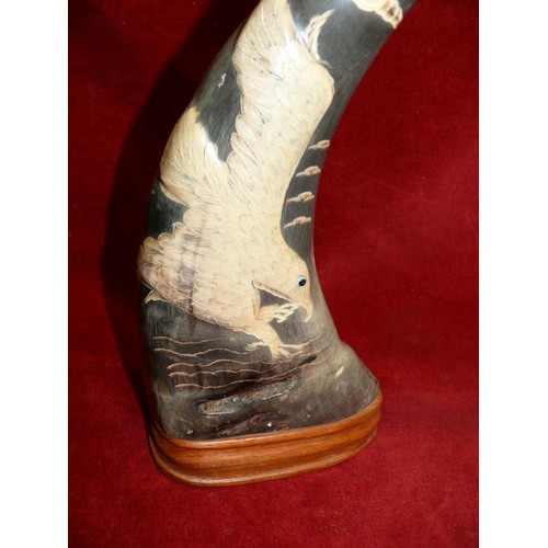 77 - WATER  BUFFALO HORNS HAND CARVED AND PAINTED, VINTAGE