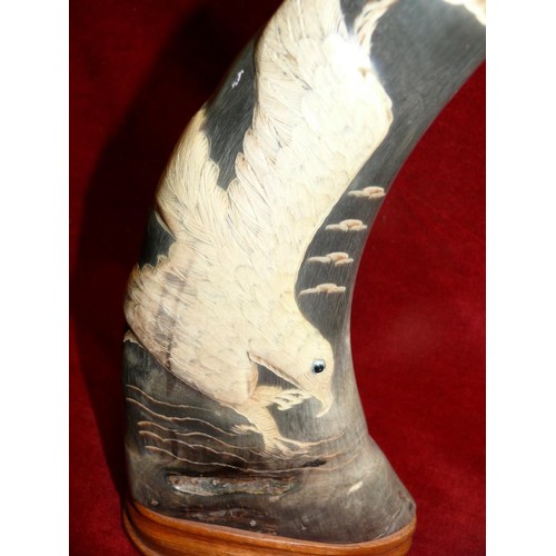 77 - WATER  BUFFALO HORNS HAND CARVED AND PAINTED, VINTAGE