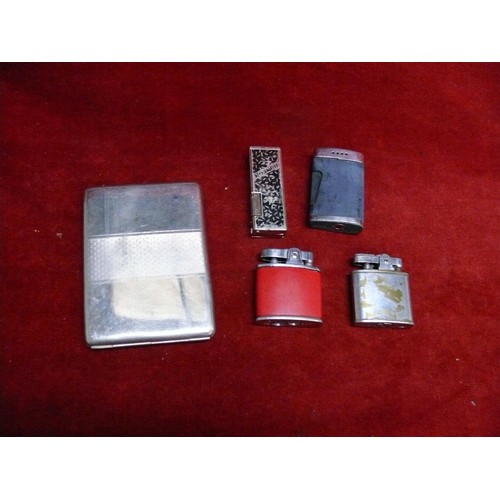 78 - 4 VINTAGE LIGHTERS,  RONSON X 2 ,  ROLSTAR, FISHER PLUS A SILVER METAL CIGARETTE CASE