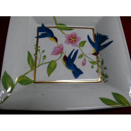 96 - LIMOGE  DISH 'PHILIPPE DESHOULIERS' HUMMIMG BIRD, 4.2 CMS  SQUARE PLUS 'ANOTHER LARGER LIMOGE DISH '... 