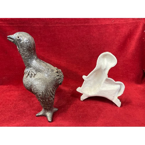 74 - CAST IRON DOOR STOP FEATURING 2 DUCKS PLUS A STUDIO POTTERY BIRD