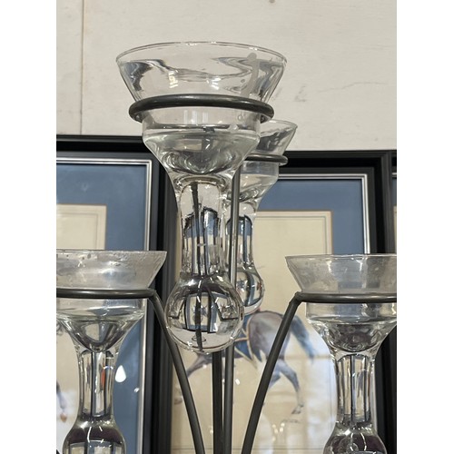 115 - A LOVELY 4 BRANCH TEA LIGHT HOLDER IN SILVER GREY COLOUR WITH TEAR DROP GLASS LUMINARE'S