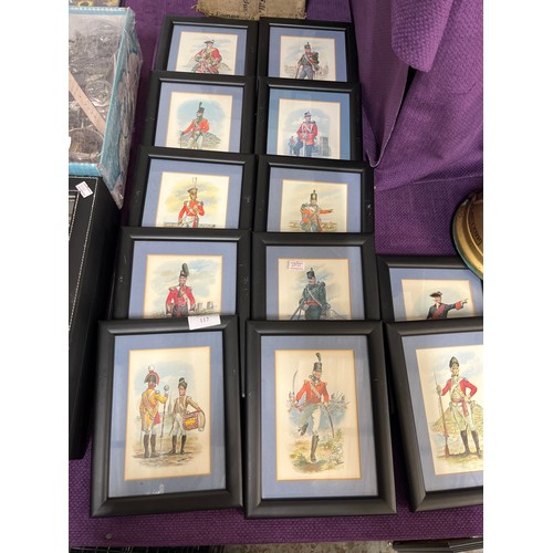 117 - 12 FRAMED AND GLAZED POSTCARD PRINTS BY CHARLES. H. STRADDEN, DEPICTING BRITISH INFANTRY REGIMENTS O... 