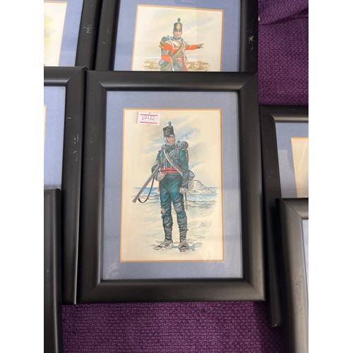 117 - 12 FRAMED AND GLAZED POSTCARD PRINTS BY CHARLES. H. STRADDEN, DEPICTING BRITISH INFANTRY REGIMENTS O... 