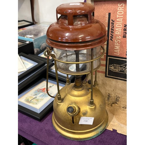 118 - BROWN TOPPED TILLEY LAMP, MODEL X 246 WITH ORIGINAL BOX.