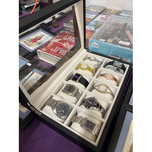 120 - A NICE SELECTION OF 11 WATCHES IN A FAUX LEATHER DISPLAY BOX AND A COSTUME BRACELET