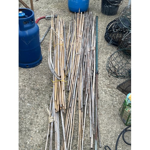 448 - LARGE QUANTITY OF GARDEN CANES ALONG WITH A BIRD FEEDING STATION WITH STAND