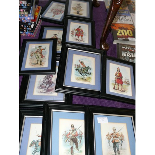 123 - 11 FRAMED AND GLAZED POSTCARD PRINTS BY CHARLES. H. STADDEN, DEPICTING BRITISH CAVALRY AND INFANTRY ... 