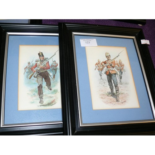 123 - 11 FRAMED AND GLAZED POSTCARD PRINTS BY CHARLES. H. STADDEN, DEPICTING BRITISH CAVALRY AND INFANTRY ... 