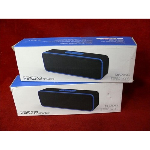 128 - 2 MEGABASS STEREO A2DP WIRELESS SPEAKER. NEW AND PACKAGED.