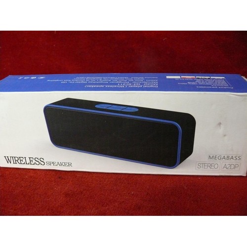 128 - 2 MEGABASS STEREO A2DP WIRELESS SPEAKER. NEW AND PACKAGED.