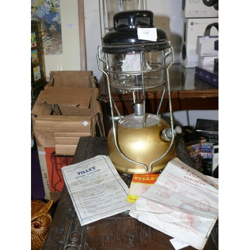 130 - BLACK TOP TILLEY LAMP WITH INSTRUCTIONS AND A SPARE MANTLE, WITH ITS ORIGINAL BOX.