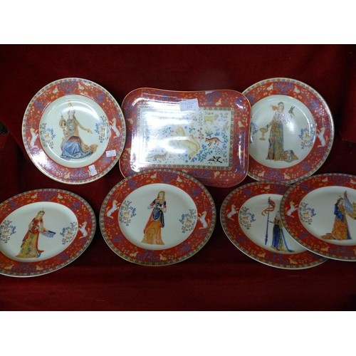 132 - PHILIPPE DESHOULIERES PORCELAINE DE LIMOGES FRANCE, 6 PLATES AND A TRAY, IN VERY GOOD CONDITION.