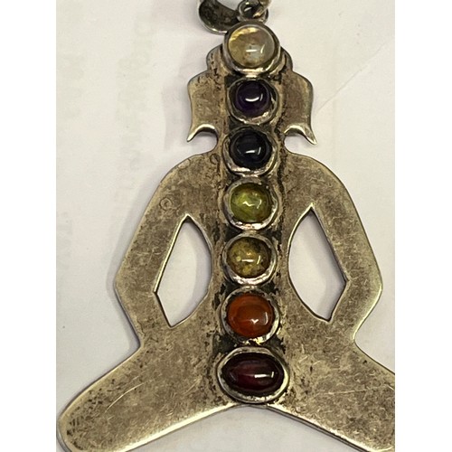 29 - SILVER CHAKRA YOGA MEDITATION 925 (INSIDE LOOP) PENDANT WITH 7 NATURAL CHAKRA STONES,  6CM L X 4CM W