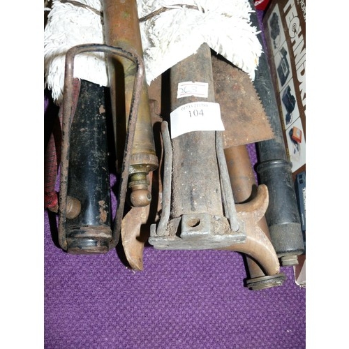 104 - MIXED GARDEN SPRAYERS, 2 STIRRUP PUMPS, SAW ETC