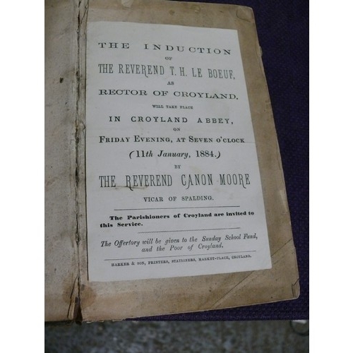 19 - A RARE LEATHER BOUND 1824, COMMON PRAYER BUT BELONGED TO CANON MOORE WHEN ORDAINED CROYLAND (CROWLAN... 