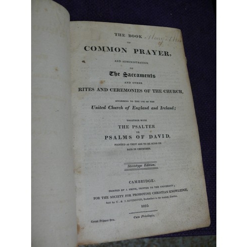 19 - A RARE LEATHER BOUND 1824, COMMON PRAYER BUT BELONGED TO CANON MOORE WHEN ORDAINED CROYLAND (CROWLAN... 