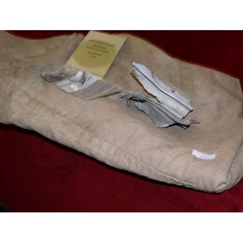 107 - GERMAN NUMBERED AIRCRAFT PART FROM CRASHED PLANE, WWII KITBAG PLUS  INSTRUCTIONS FOR BRITISH SERVICM... 