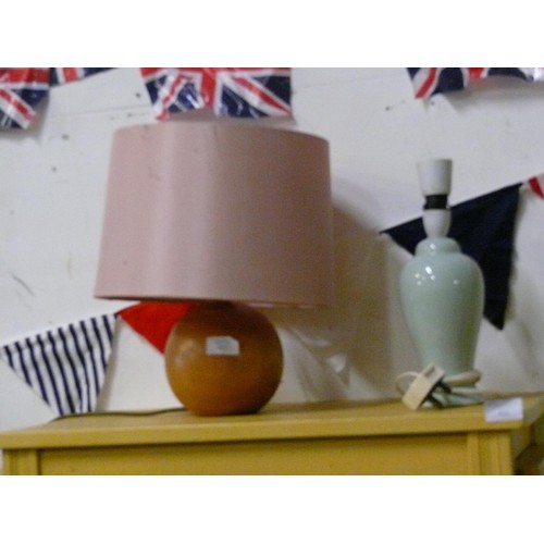 423 - JOHN LEWIS WOODEN SPHERE TABLE LAMP WITH PINK SHADE PLUS A FUTHER TABLE LAMP