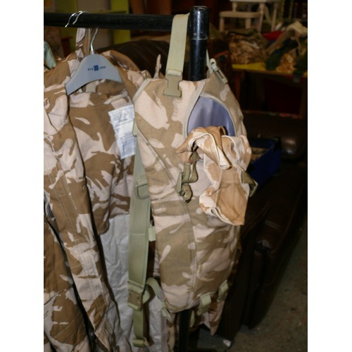 421 - ROYAL NAVY DESSERT CAMOUFLAGE 2 JACKETS, A PAIR OF GLOVES AND AND A CARRY PACK