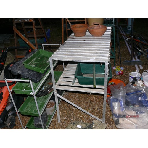 455 - ALUMINIUM GREENHOUSE STAGING DOUBLE DECK ABOUT 1.5M LONG, A 3 TIER  SEED TRAY RACK, A RIDDLE AND A Q... 