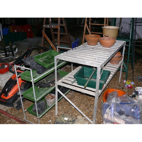 455 - ALUMINIUM GREENHOUSE STAGING DOUBLE DECK ABOUT 1.5M LONG, A 3 TIER  SEED TRAY RACK, A RIDDLE AND A Q... 