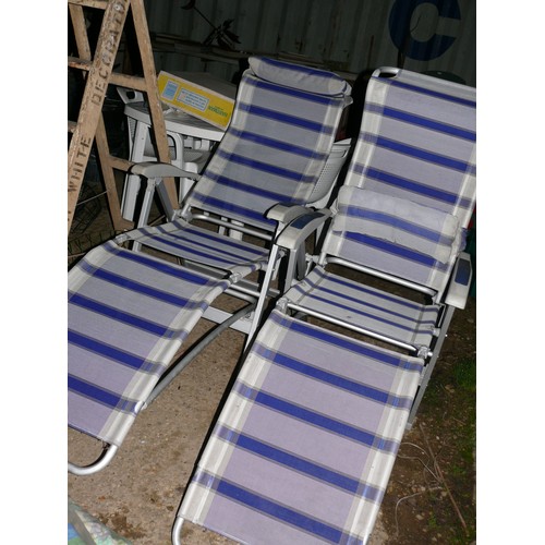 441 - 2 STRIPED FOLDING CAMPING CHAIRS AND A  FOLDING STOOL.