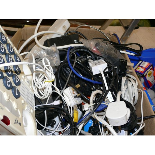 480 - A LARGE BOX OF MIXED ELECTRICAL ITEMS, EXTENSION LEADS TELEPHONES , PC CABLES AND MUCH MORE