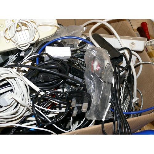 480 - A LARGE BOX OF MIXED ELECTRICAL ITEMS, EXTENSION LEADS TELEPHONES , PC CABLES AND MUCH MORE