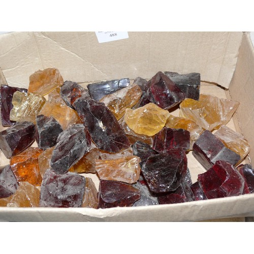 488 - A BOX OF COLOURD GLASS CHUNKS IN RED, AMBER AND YELLOW.