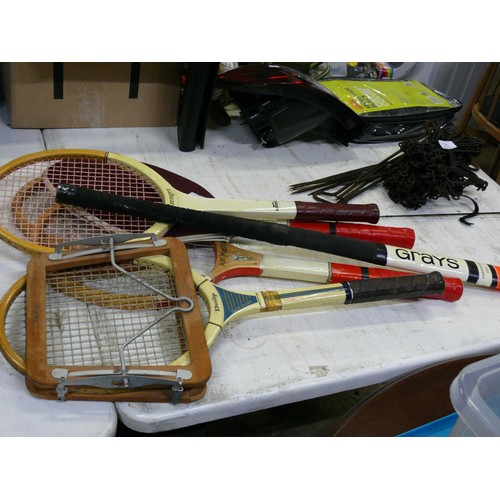 490 - TENNIS RACKETS BY SLAZENG, DUNLOP, AND PLAY MASTER, PLUS A GRAYS  EUROPEAN CUP HOCKEY STICK