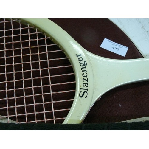 490 - TENNIS RACKETS BY SLAZENG, DUNLOP, AND PLAY MASTER, PLUS A GRAYS  EUROPEAN CUP HOCKEY STICK