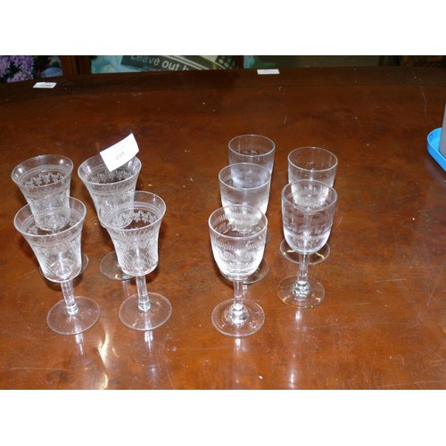 494 - 9 DELICATELY ETCHED SHERRY GLASSES