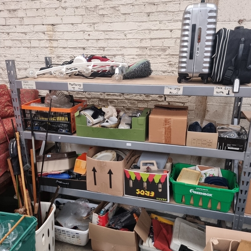 492B - 4 SHELVES OF MIXED ITEMS TO INCLUDE WALKING STICKS, SUITCASES, CHINA, ELECTRICALS AND MORE